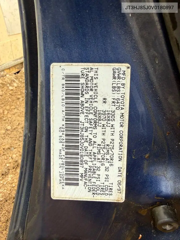 1997 Toyota Land Cruiser Hj85 VIN: JT3HJ85J0V0180897 Lot: 55885246