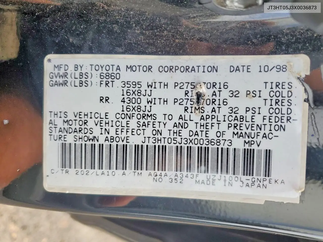 1999 Toyota Land Cruiser Base VIN: JT3HT05J3X0036873 Lot: 53223576
