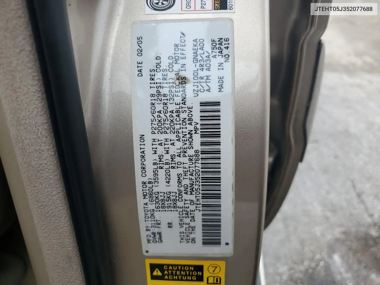 2005 Toyota Land Cruiser VIN: JTEHT05J352077688 Lot: 81108205