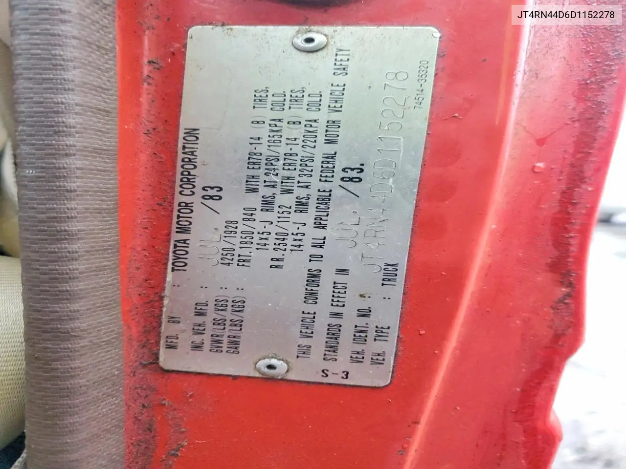 1983 Toyota Pickup 1/2 Ton Rn44 VIN: JT4RN44D6D1152278 Lot: 99558435