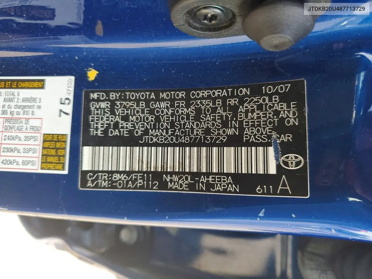 2008 Toyota Prius Base VIN: JTDKB20U487713729 Lot: 55815856
