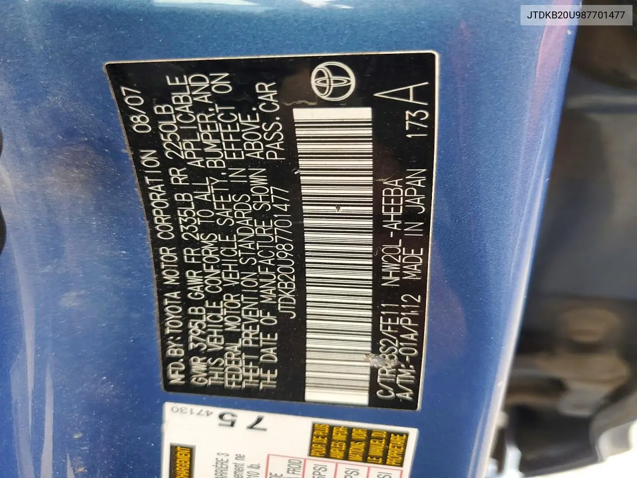 2008 Toyota Prius Base VIN: JTDKB20U987701477 Lot: 61951496