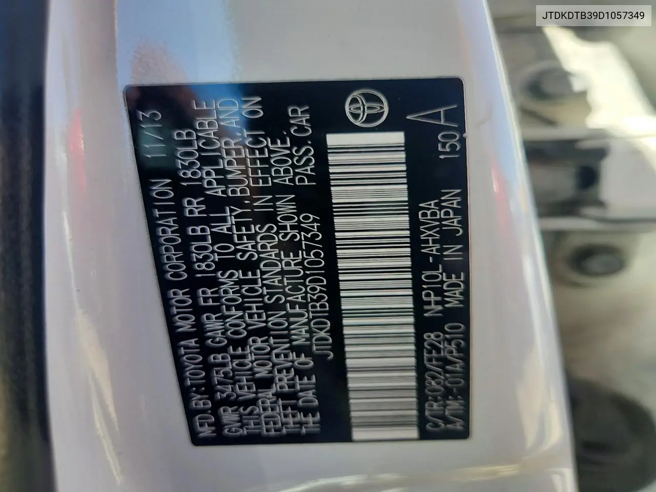 2013 Toyota Prius C One VIN: JTDKDTB39D1057349 Lot: 55372116