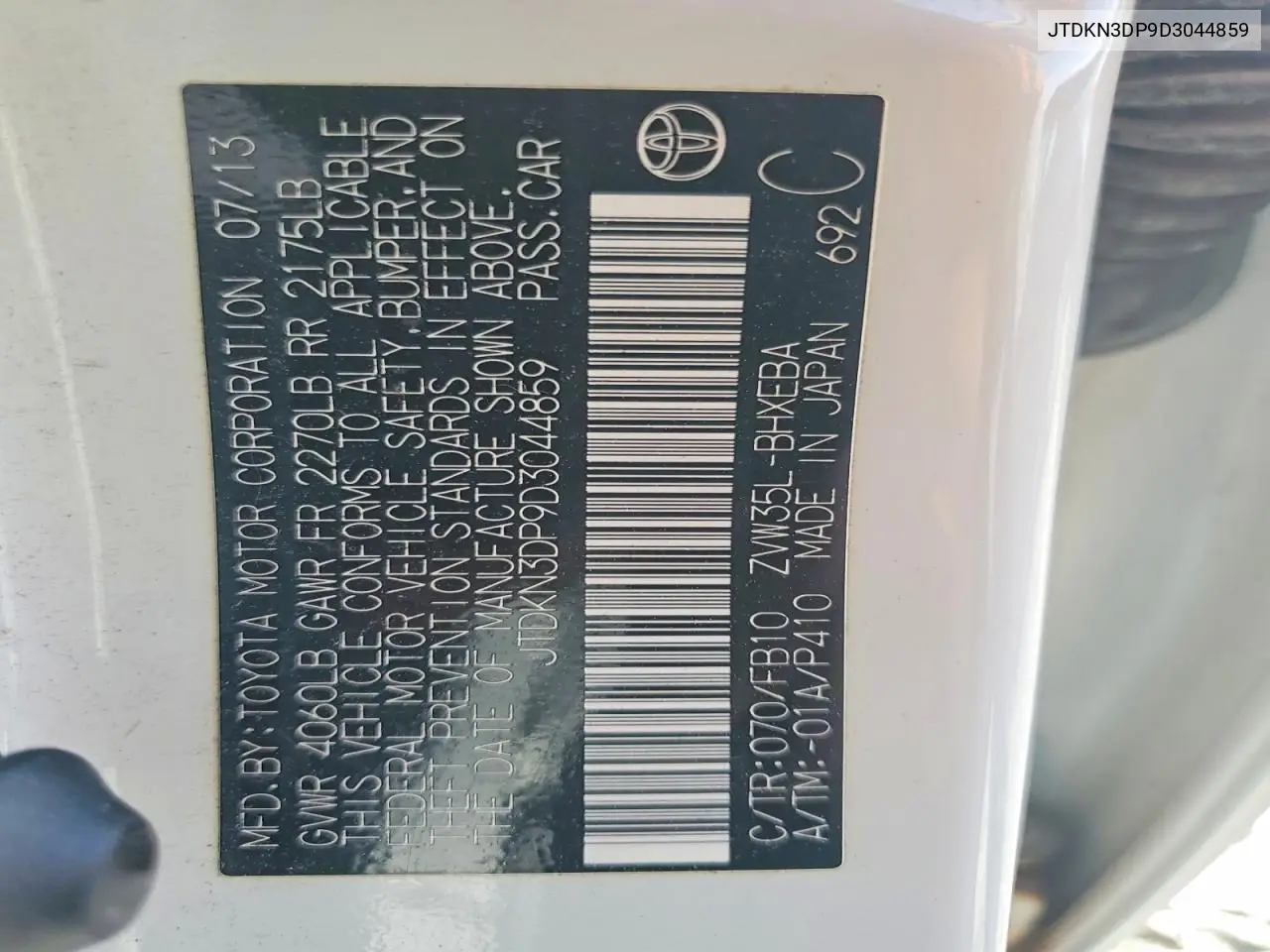 2013 Toyota Prius Plug-In Hybrid Base VIN: JTDKN3DP9D3044859 Lot: 56302696