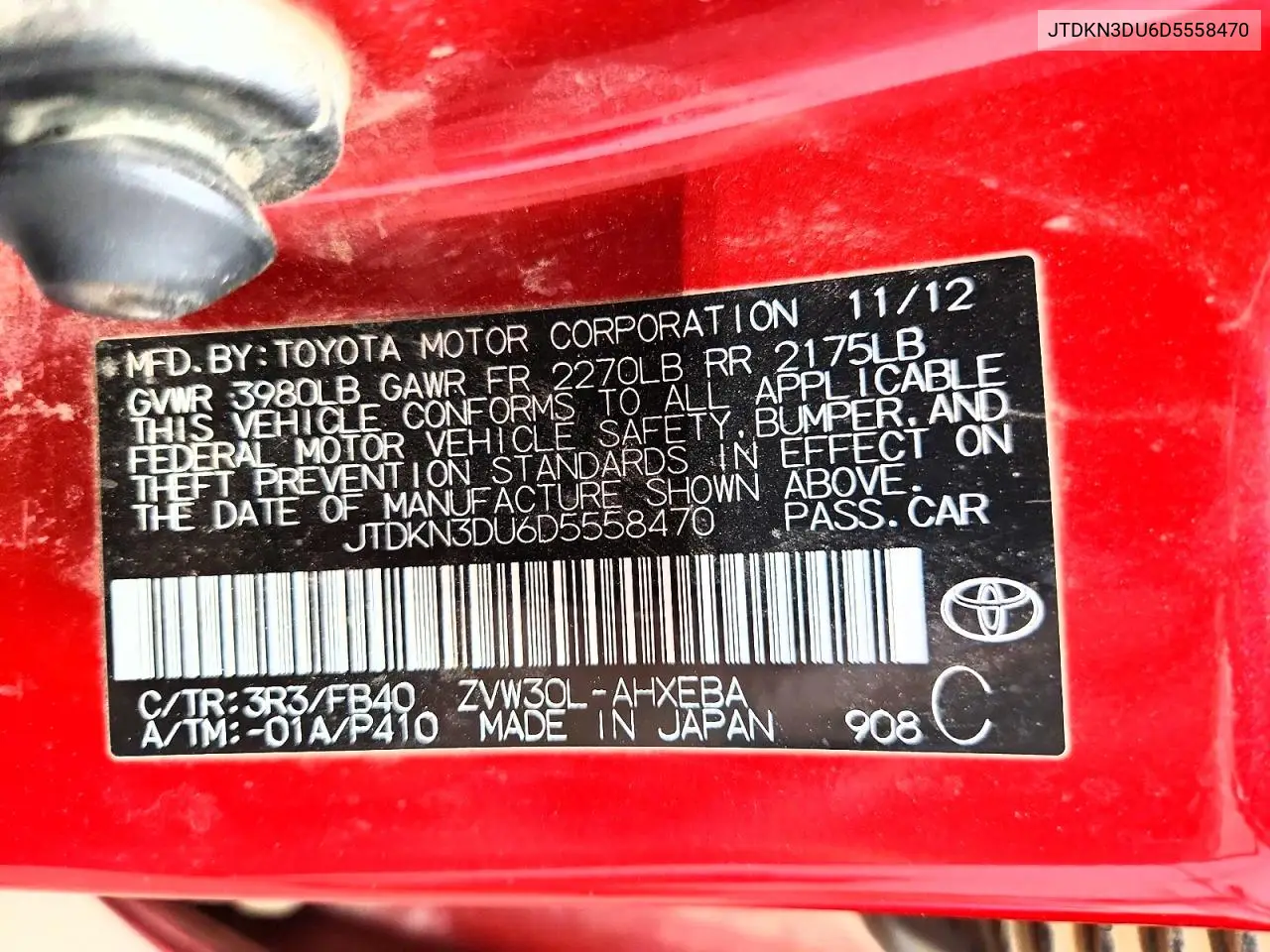 2013 Toyota Prius Two VIN: JTDKN3DU6D5558470 Lot: 61748326