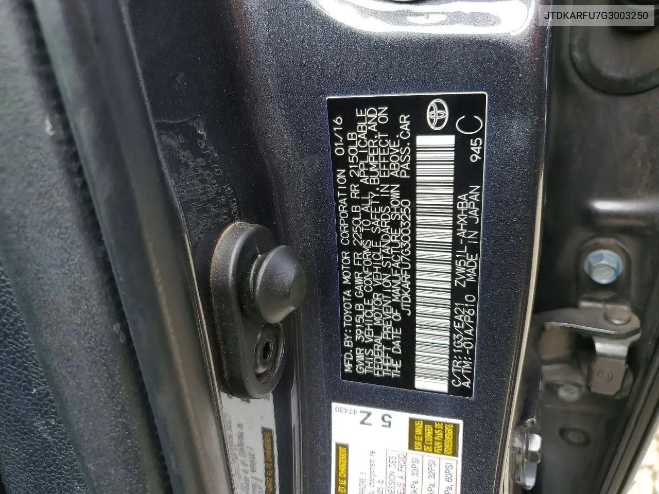 2016 Toyota Prius Three Touring VIN: JTDKARFU7G3003250 Lot: 61186736