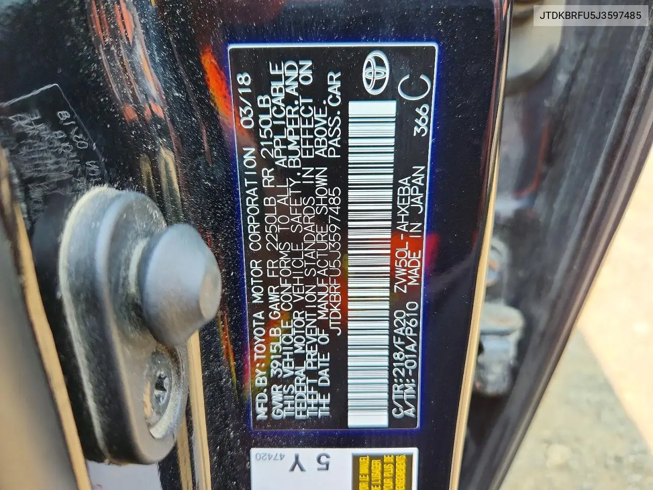 2018 Toyota Prius Two VIN: JTDKBRFU5J3597485 Lot: 60583896