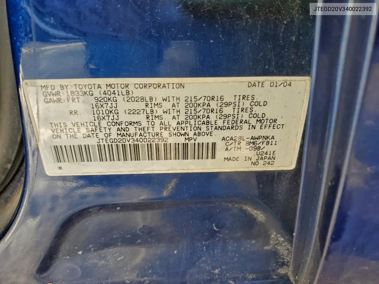 JTEGD20V340022392 2004 Toyota Rav4