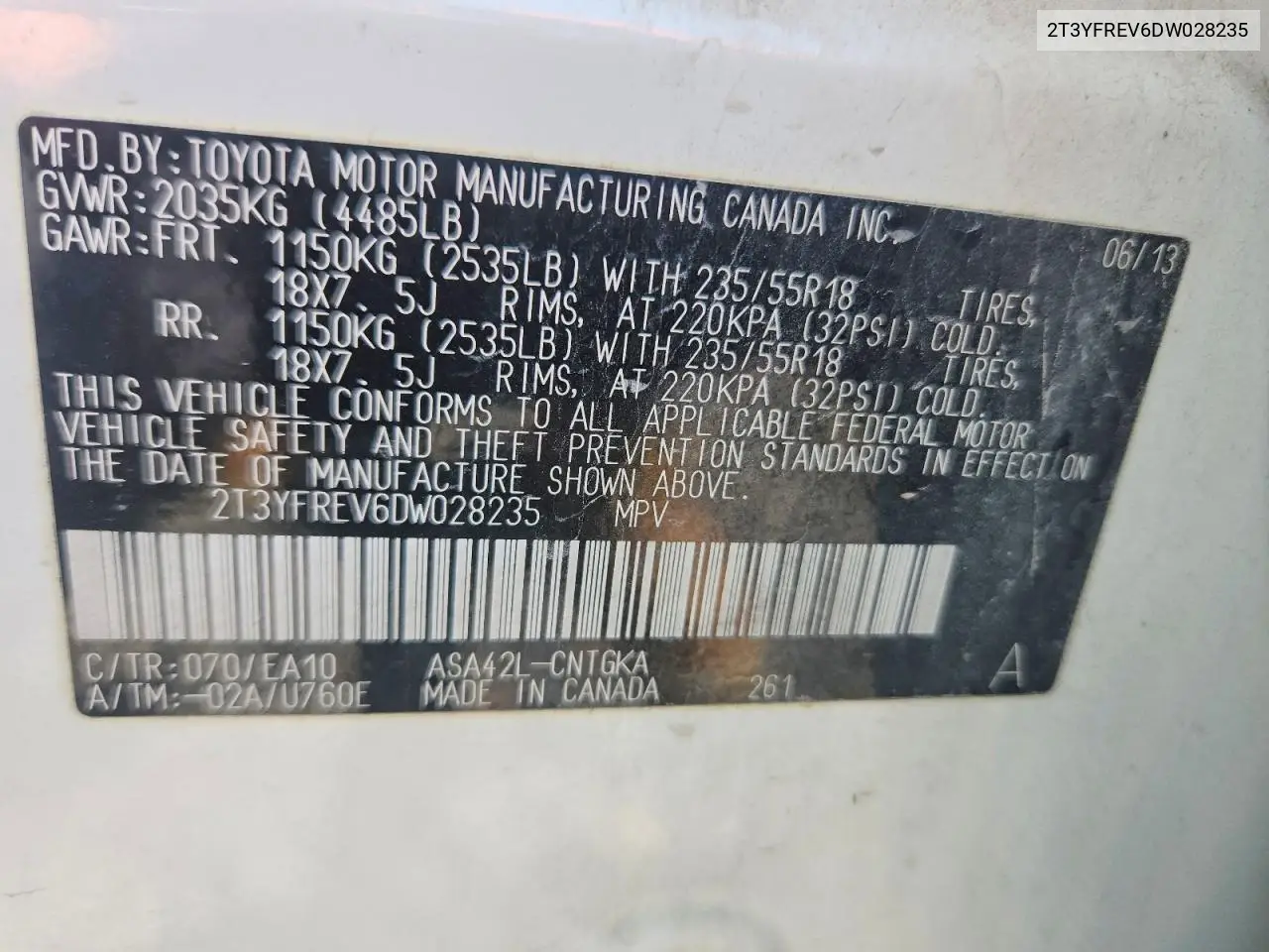 2013 Toyota Rav4 Limited VIN: 2T3YFREV6DW028235 Lot: 61796076