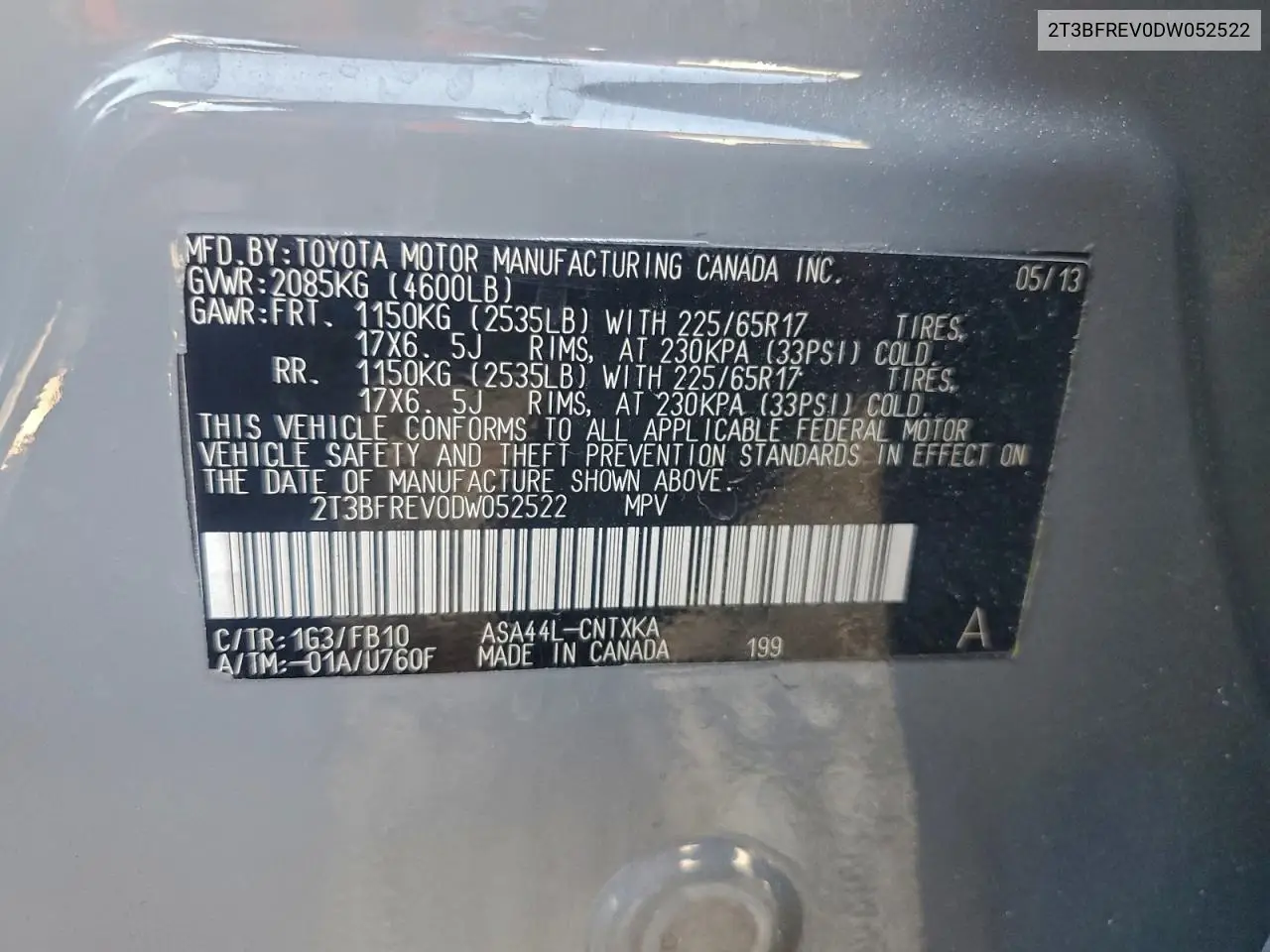 2T3BFREV0DW052522 2013 Toyota Rav4 Le