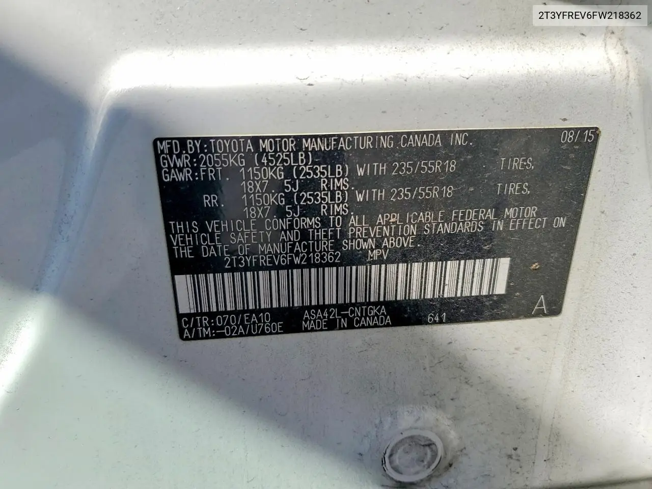 2015 Toyota Rav4 Limited VIN: 2T3YFREV6FW218362 Lot: 60679806