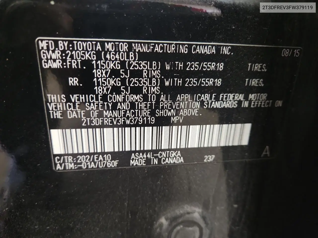 2T3DFREV3FW379119 2015 Toyota Rav4 Limited