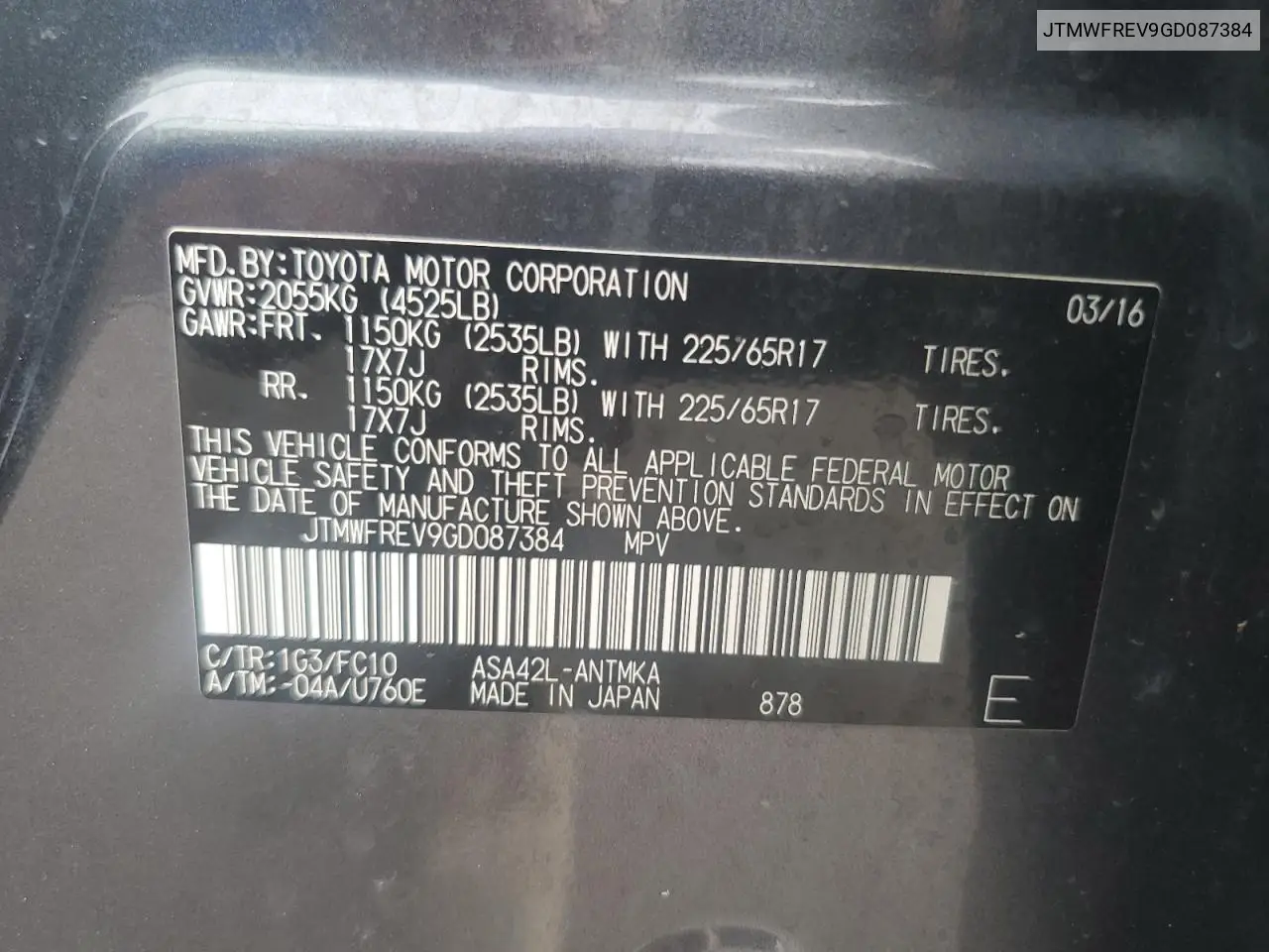JTMWFREV9GD087384 2016 Toyota Rav4 Xle