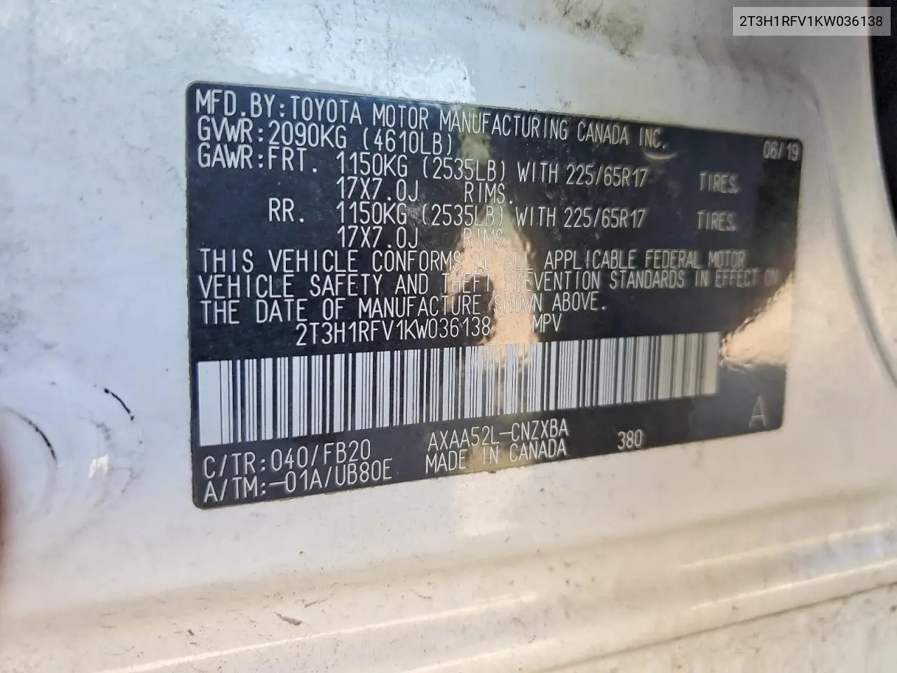 2T3H1RFV1KW036138 2019 Toyota Rav4 Le