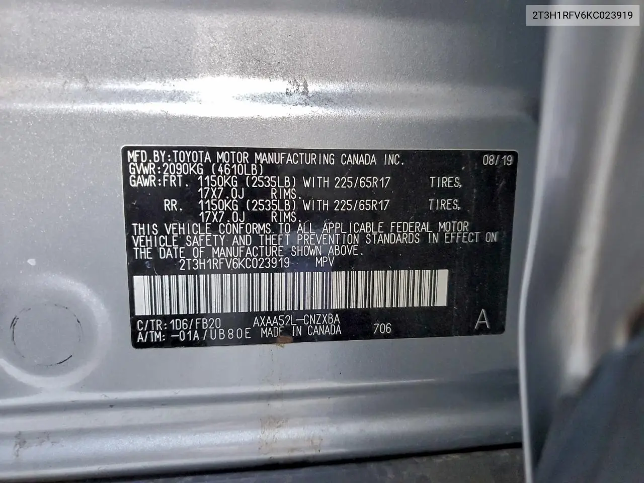 2T3H1RFV6KC023919 2019 Toyota Rav4 Le