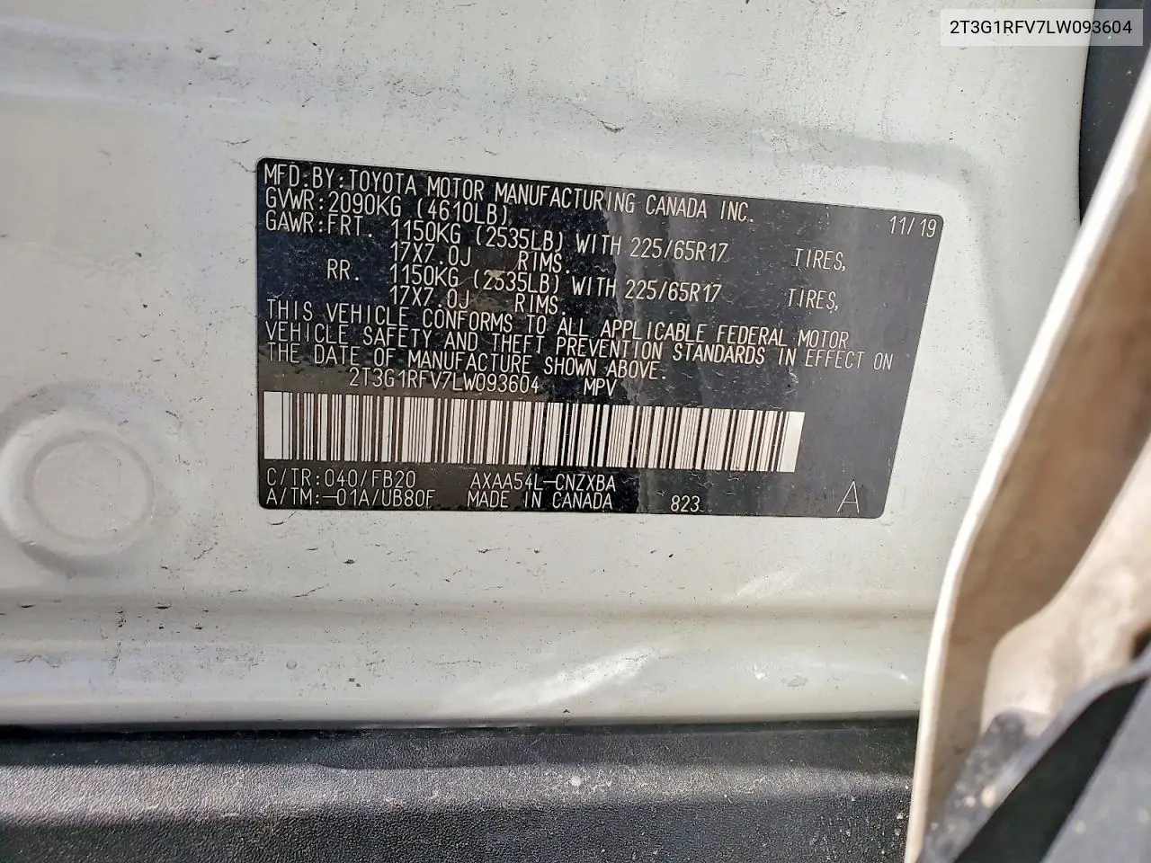 2020 Toyota Rav4 Le VIN: 2T3G1RFV7LW093604 Lot: 61560826