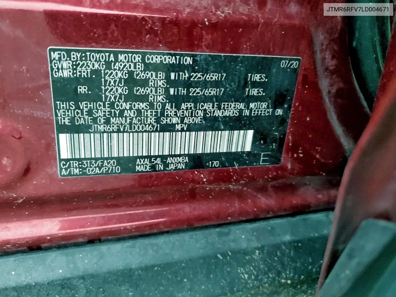 JTMR6RFV7LD004671 2020 Toyota Rav4 Xle
