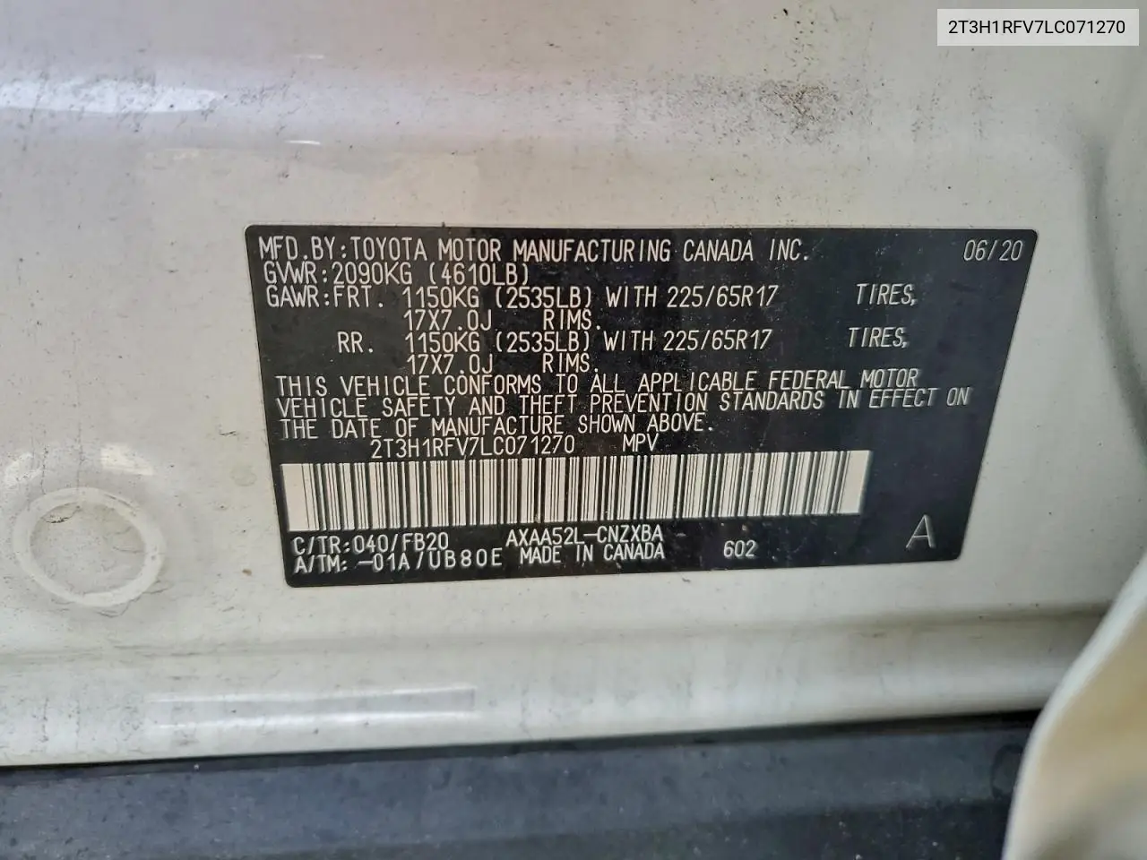 2T3H1RFV7LC071270 2020 Toyota Rav4 Le