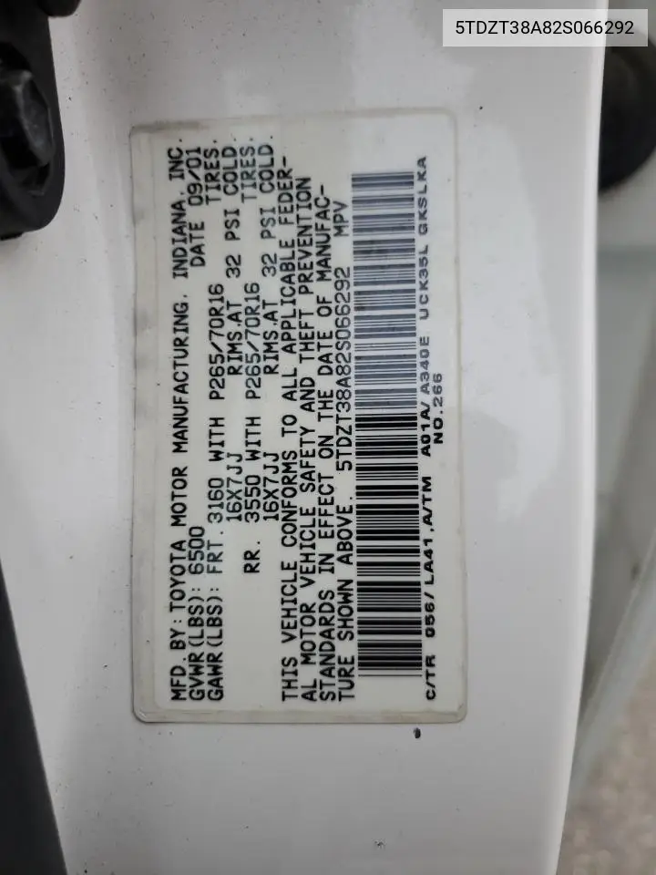 5TDZT38A82S066292 2002 Toyota Sequoia Limited