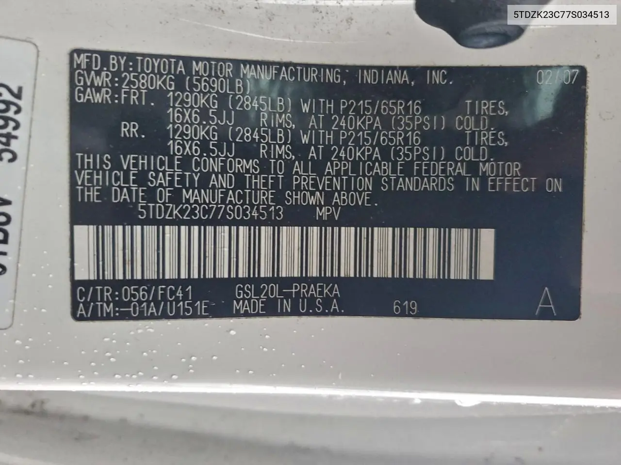 5TDZK23C77S034513 2007 Toyota Sienna
