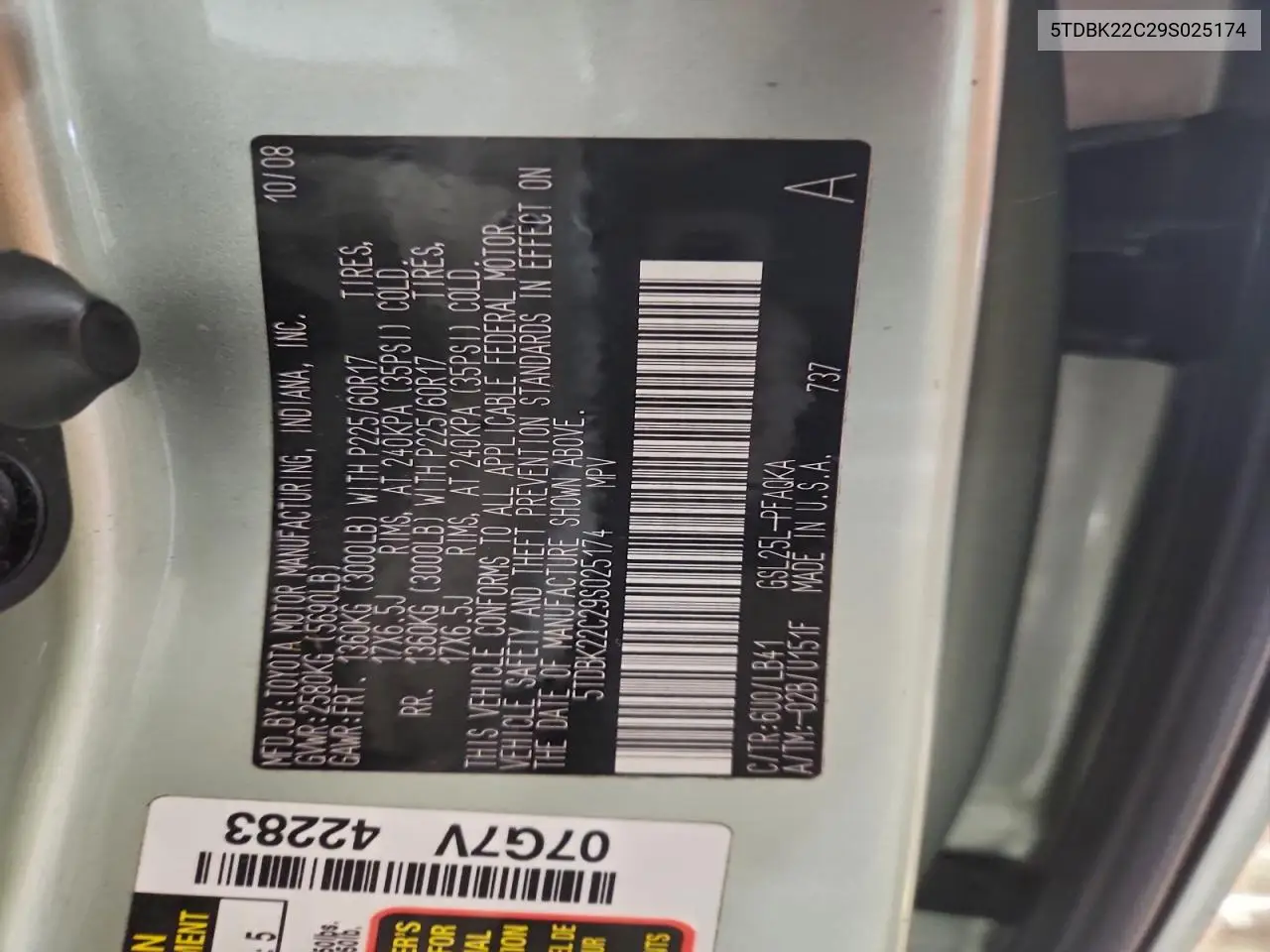 5TDBK22C29S025174 2009 Toyota Sienna Xle