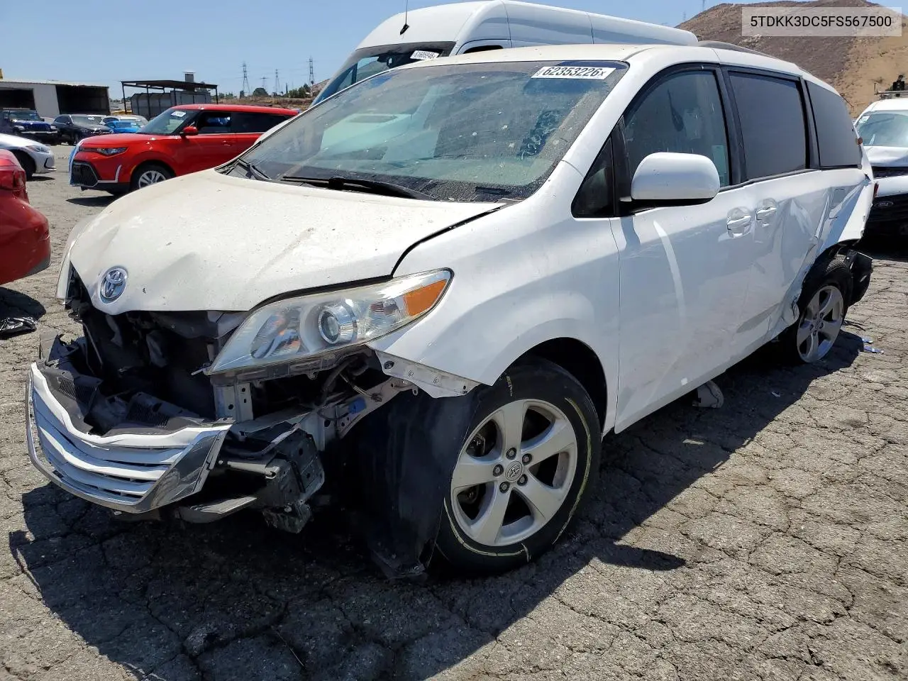 2015 Toyota Sienna Le VIN: 5TDKK3DC5FS567500 Lot: 62353226