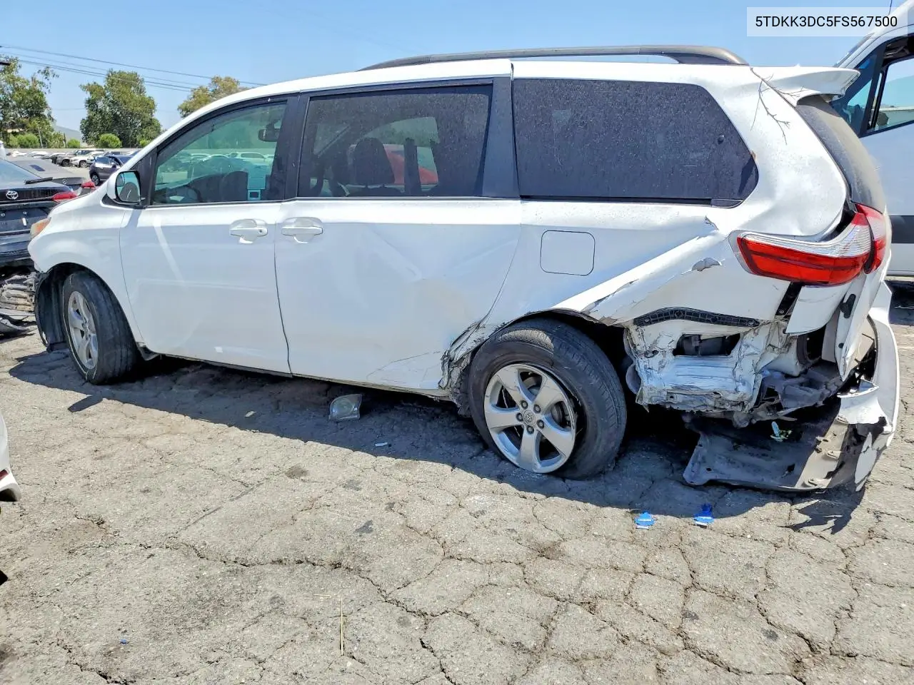 2015 Toyota Sienna Le VIN: 5TDKK3DC5FS567500 Lot: 62353226