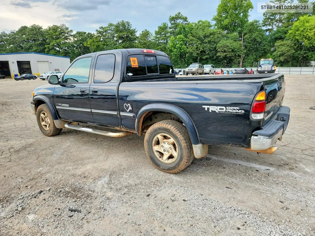 2002 Toyota Tundra Access Cab Limited VIN: 5TBBT48102S286221 Lot: 61025246