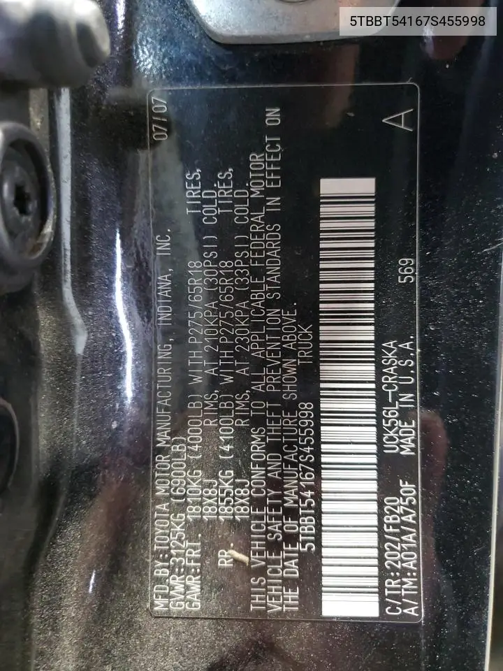 5TBBT54167S455998 2007 Toyota Tundra Double Cab Sr5