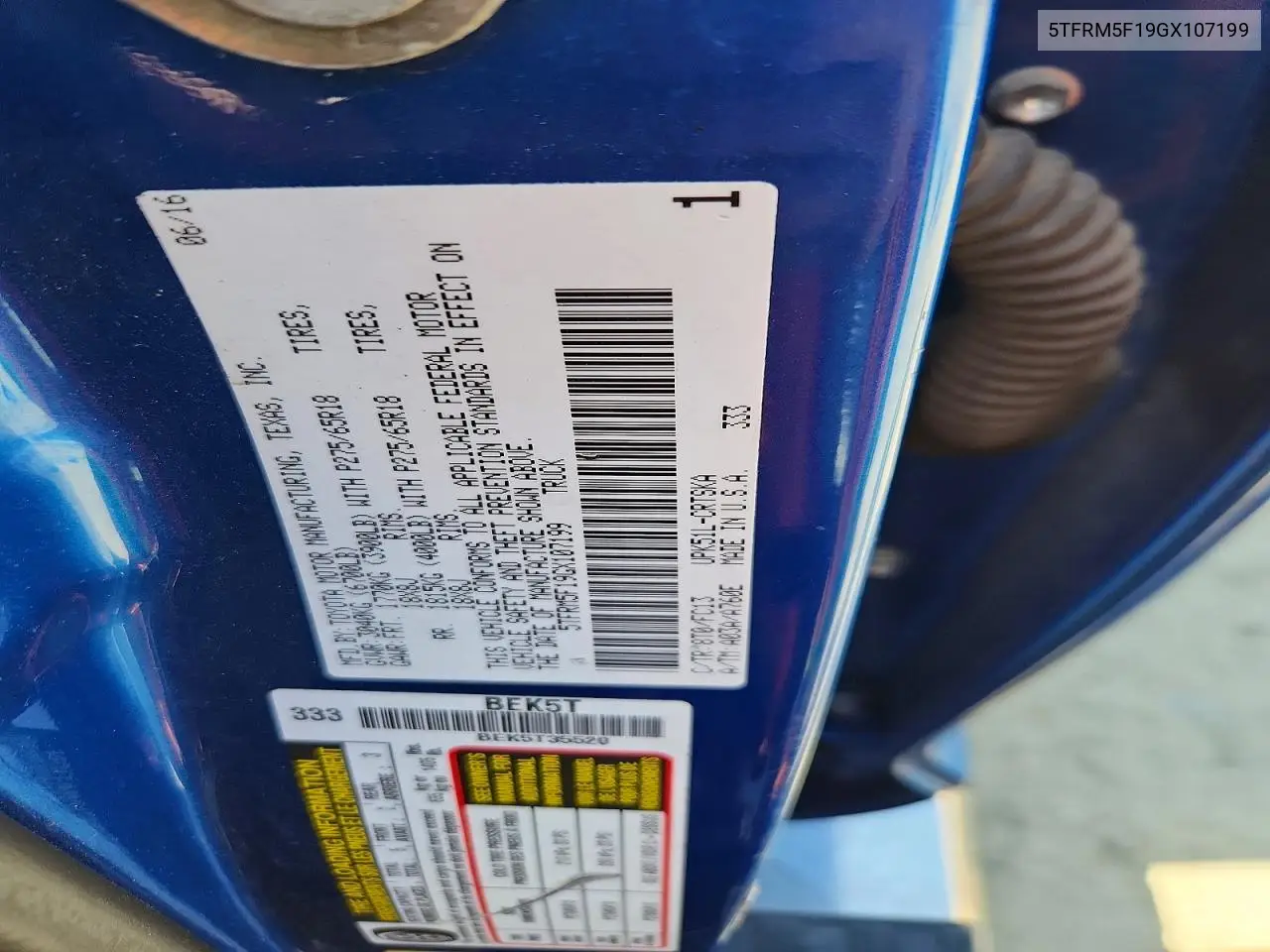2016 Toyota Tundra Sr5 VIN: 5TFRM5F19GX107199 Lot: 54398556