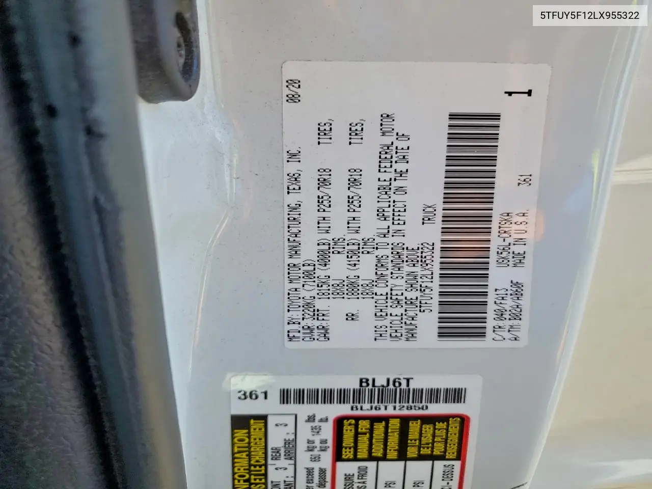 5TFUY5F12LX955322 2020 Toyota Tundra Double Cab Sr