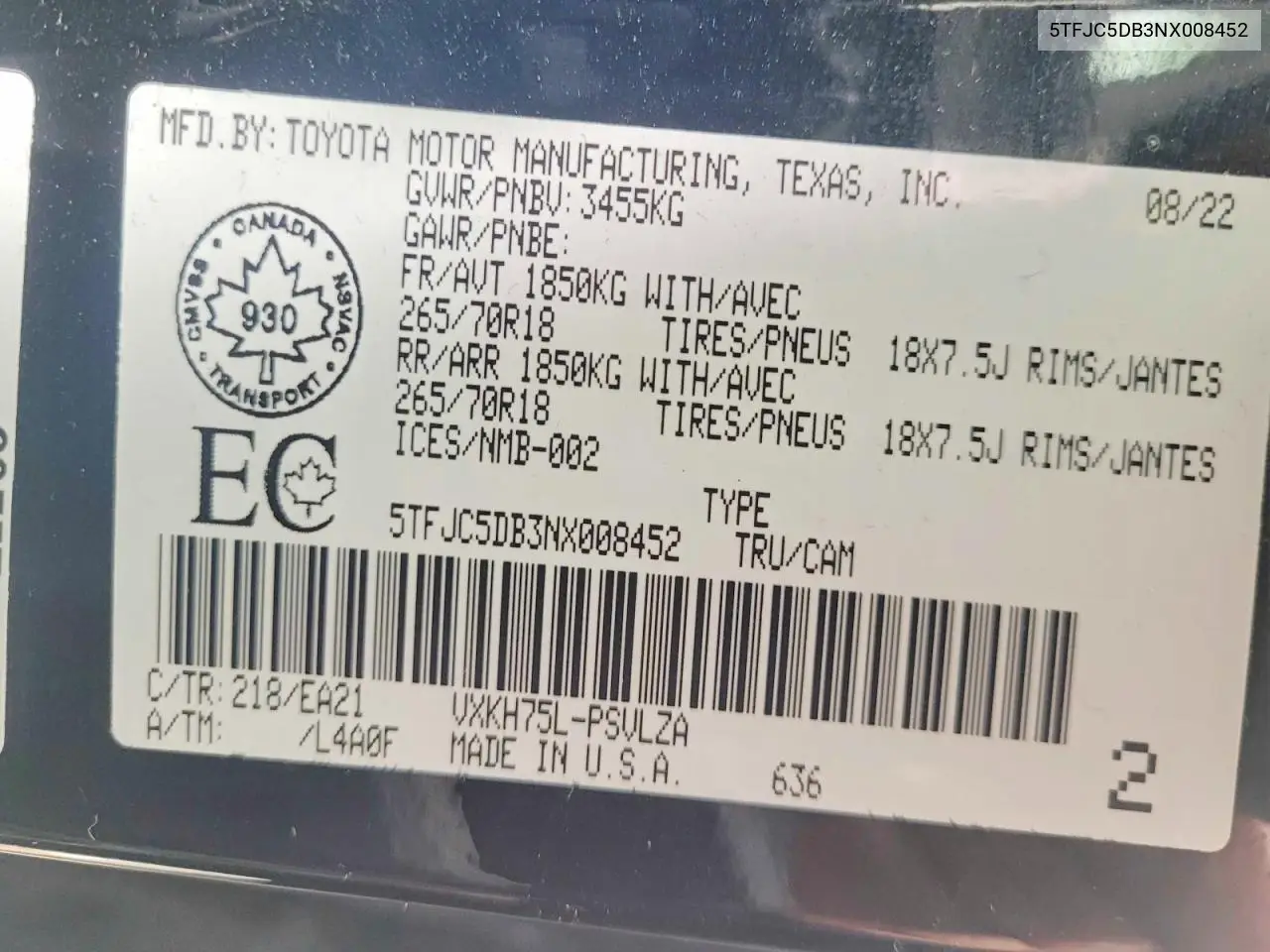2022 Toyota Tundra Limited Hv VIN: 5TFJC5DB3NX008452 Lot: 55111256