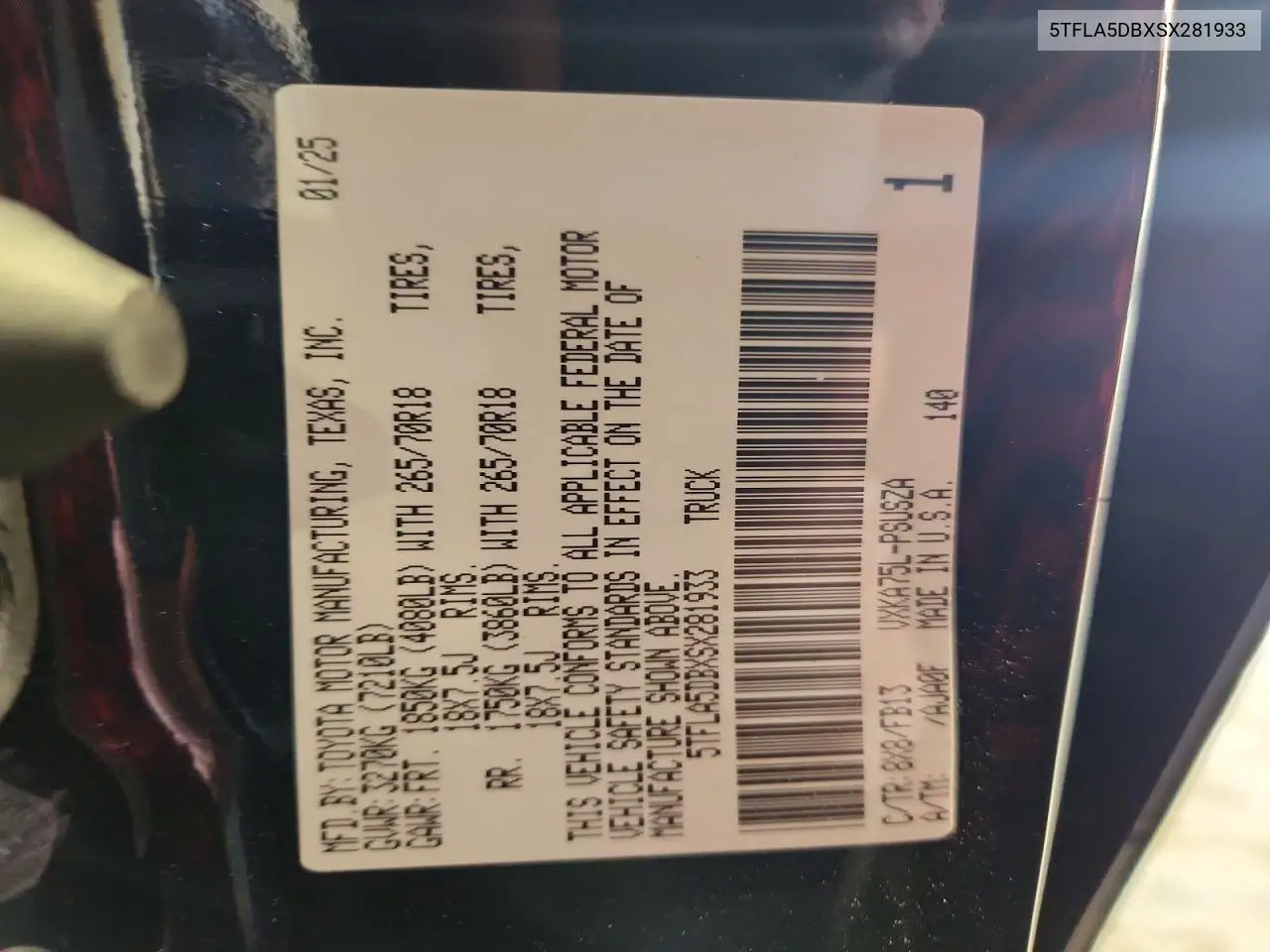 2025 Toyota Tundra Sr5 VIN: 5TFLA5DBXSX281933 Lot: 61370166