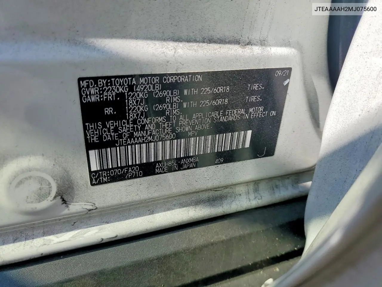 2021 Toyota Venza Le VIN: JTEAAAAH2MJ075600 Lot: 60858226