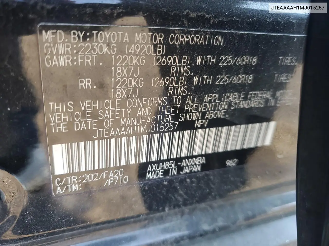 JTEAAAAH1MJ015257 2021 Toyota Venza Le