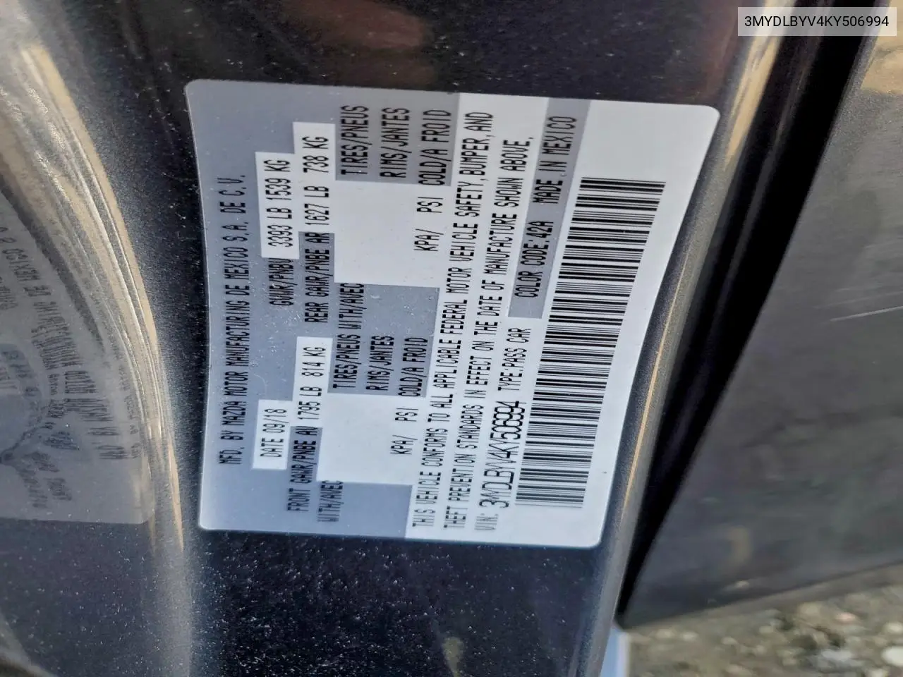 3MYDLBYV4KY506994 2019 Toyota Yaris L