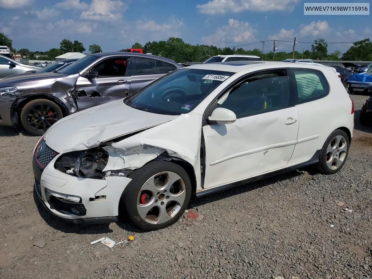 2008 Volkswagen Gti VIN: WVWEV71K98W115916 Lot: 57116856
