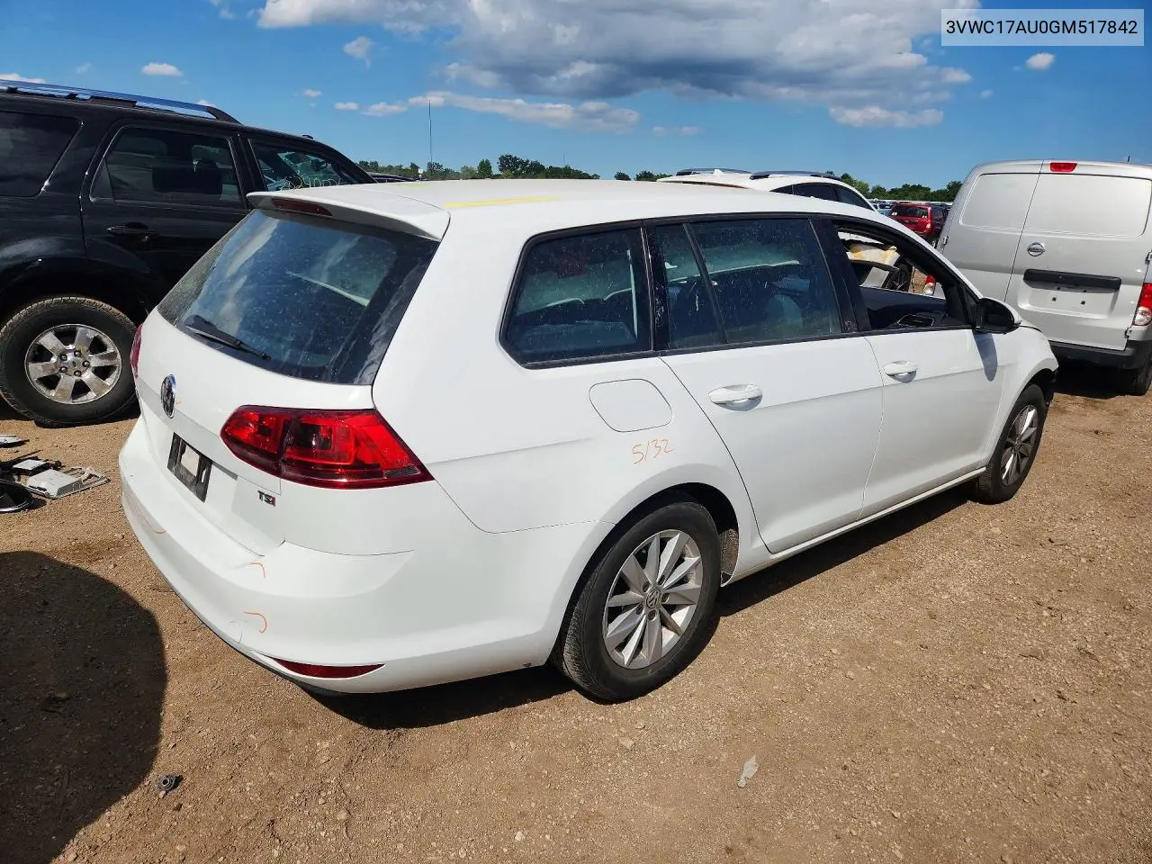 2016 Volkswagen Golf Sportwagen S VIN: 3VWC17AU0GM517842 Lot: 58397956