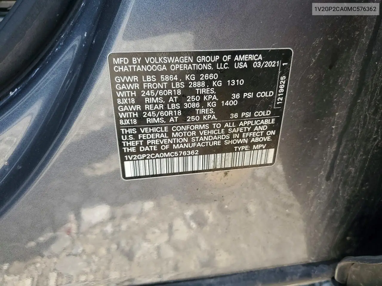 2021 Volkswagen Atlas S VIN: 1V2GP2CA0MC576362 Lot: 57064696