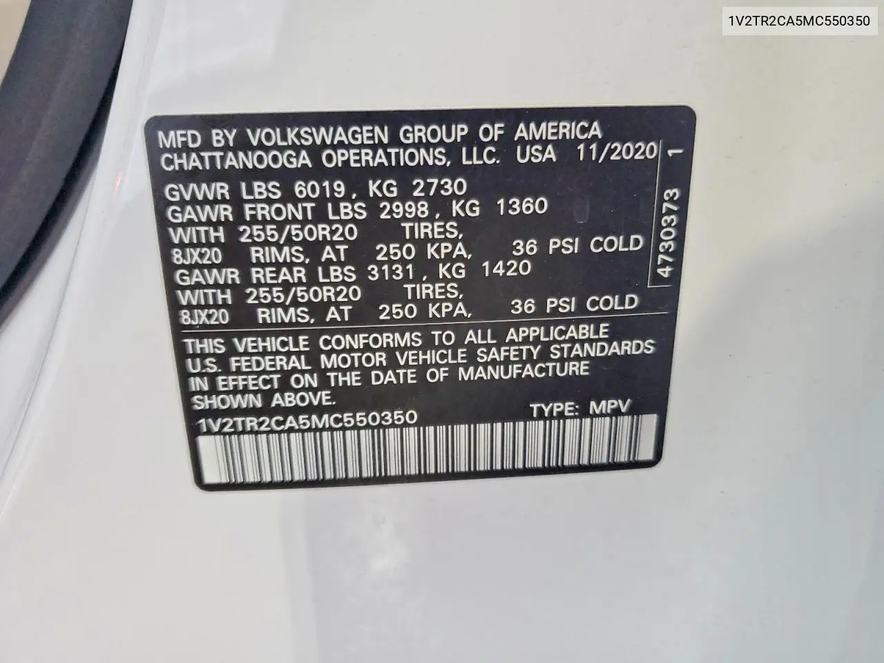 2021 Volkswagen Atlas VIN: 1V2TR2CA5MC550350 Lot: 60918876