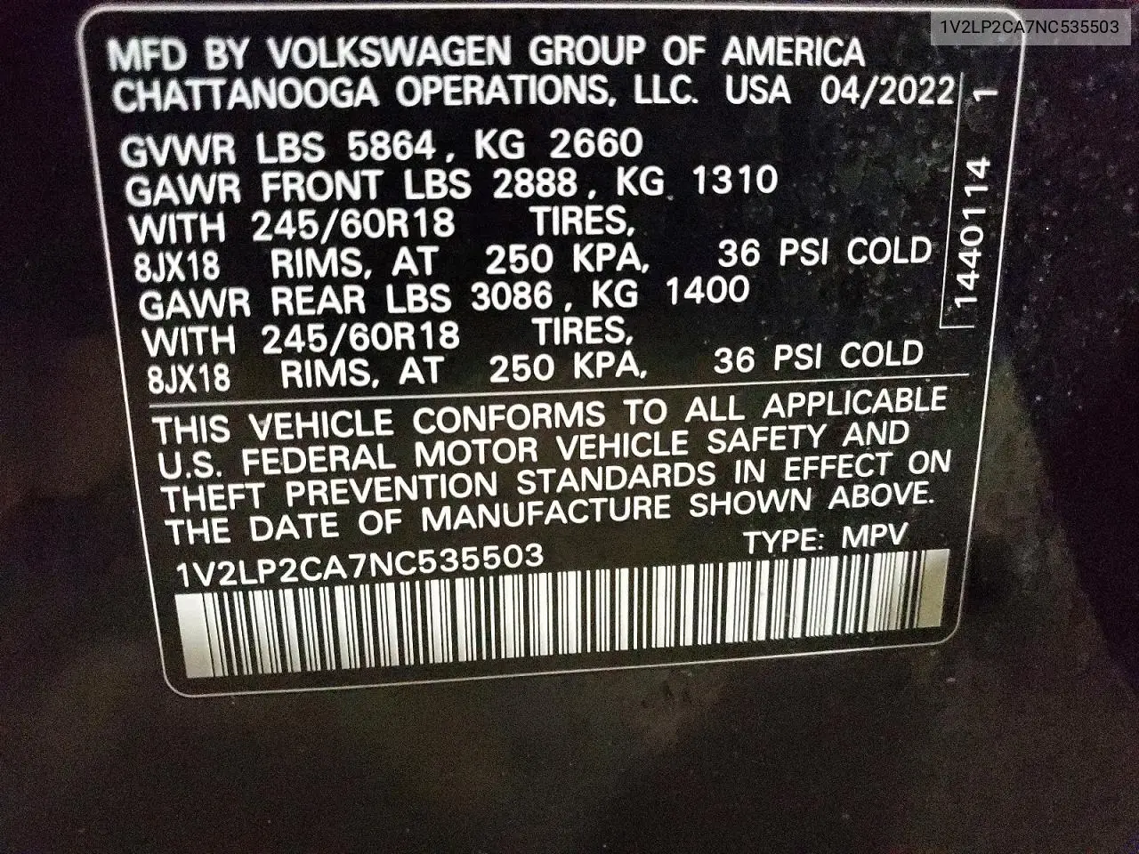 2022 Volkswagen Atlas Se VIN: 1V2LP2CA7NC535503 Lot: 56831366