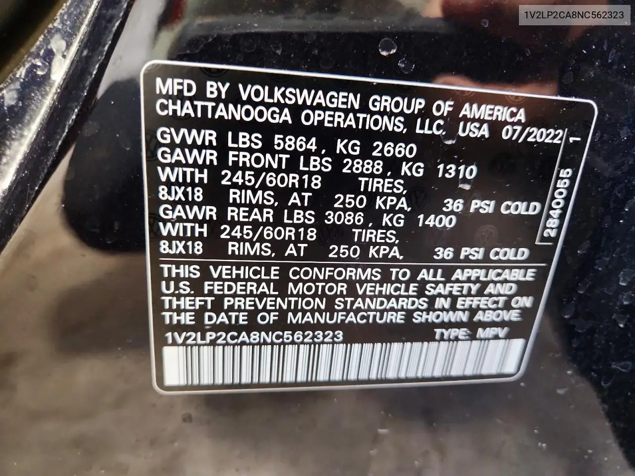 2022 Volkswagen Atlas Se VIN: 1V2LP2CA8NC562323 Lot: 59867916