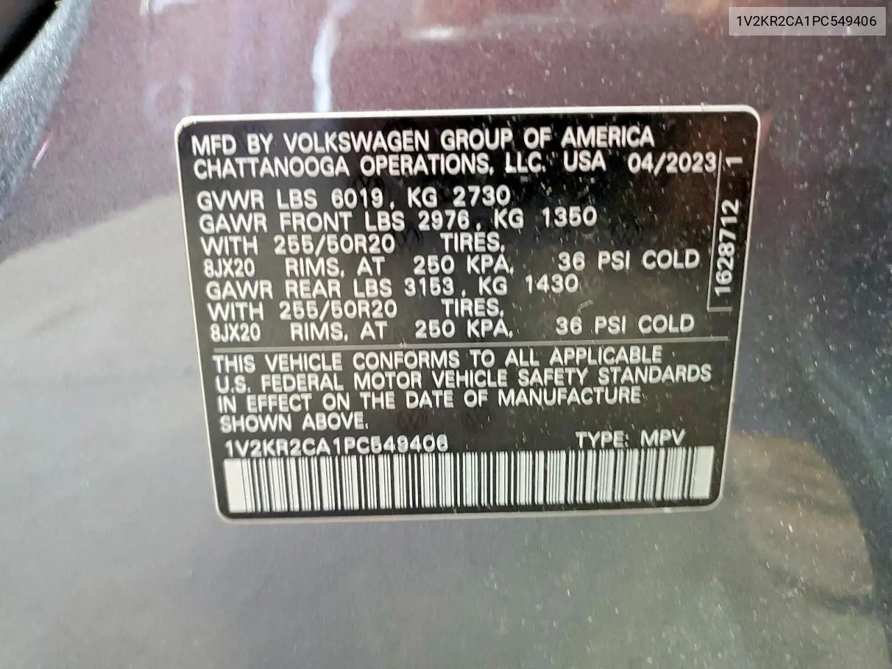 2023 Volkswagen Atlas Se VIN: 1V2KR2CA1PC549406 Lot: 60194076
