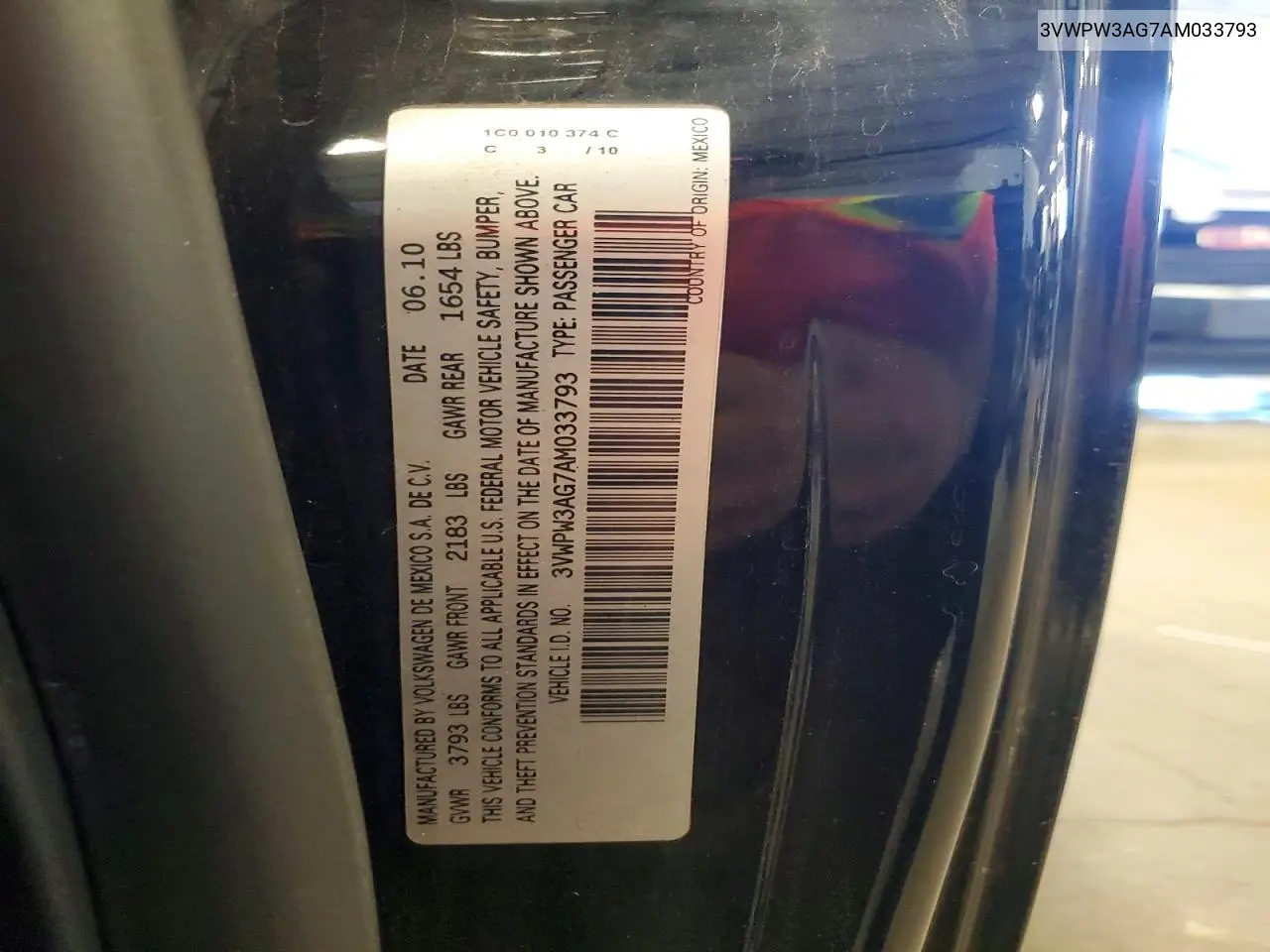 2010 Volkswagen New Beetle VIN: 3VWPW3AG7AM033793 Lot: 60630426