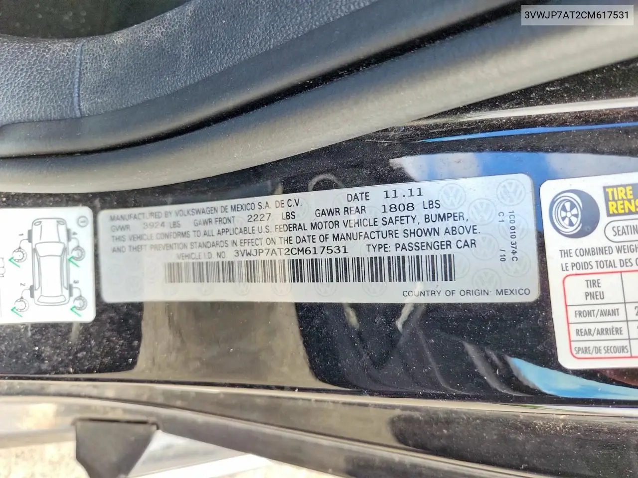 2012 Volkswagen Beetle VIN: 3VWJP7AT2CM617531 Lot: 61760126