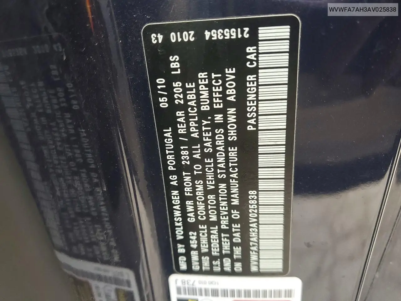 2010 Volkswagen Eos Lux VIN: WVWFA7AH3AV025838 Lot: 78064165