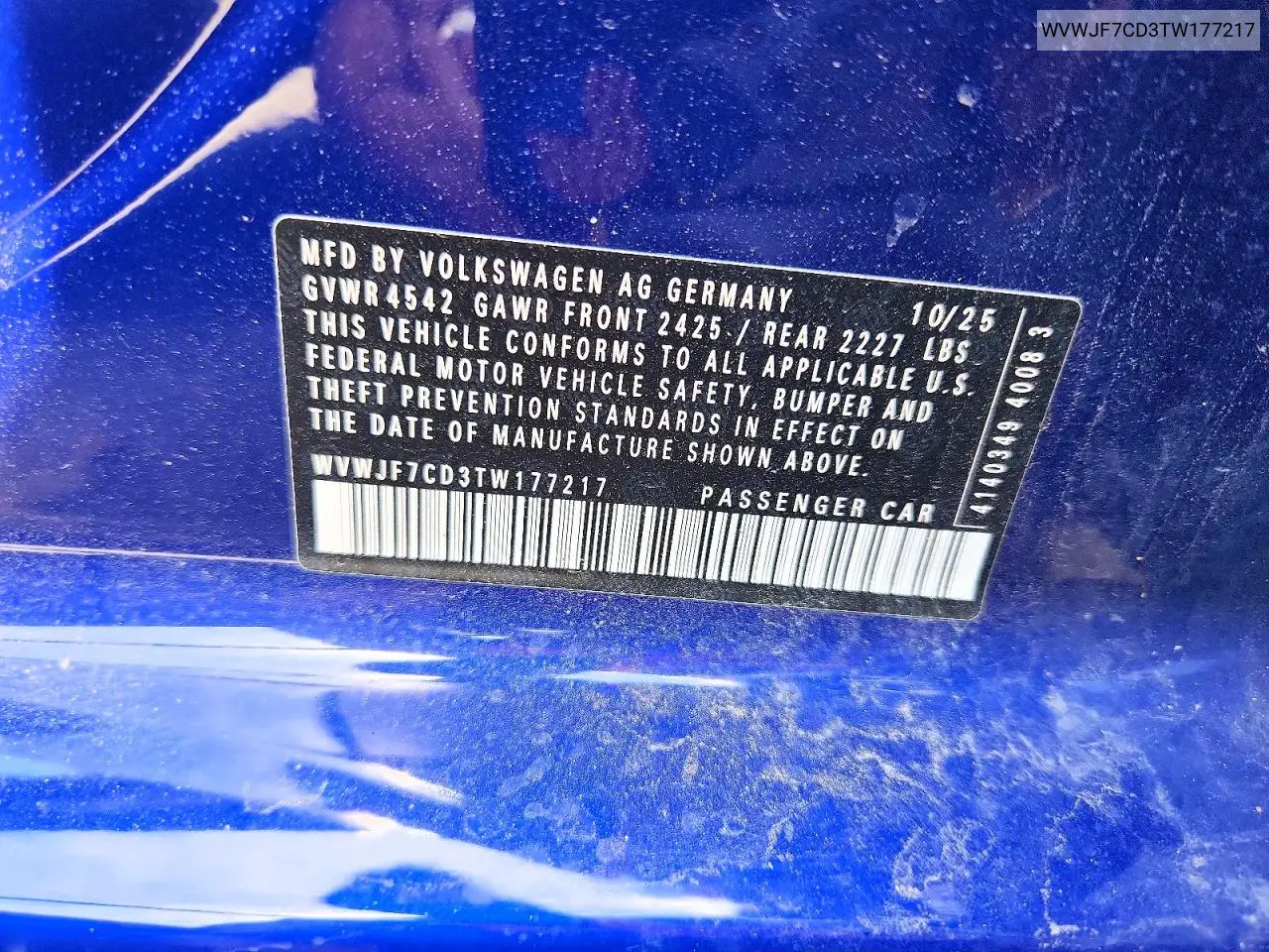 2026 Volkswagen Golf R VIN: WVWJF7CD3TW177217 Lot: 58080426