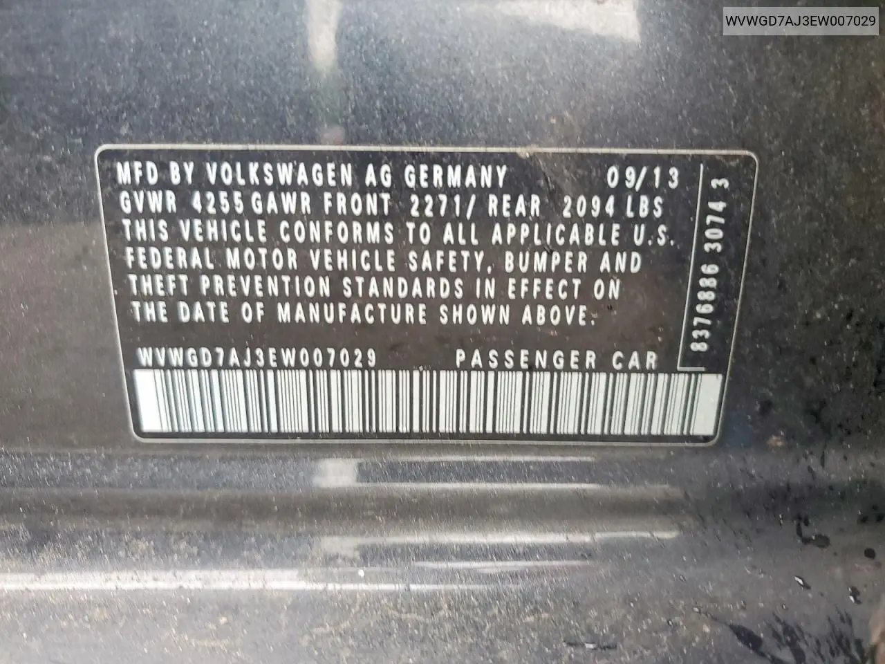 2014 Volkswagen Gti VIN: WVWGD7AJ3EW007029 Lot: 58787016