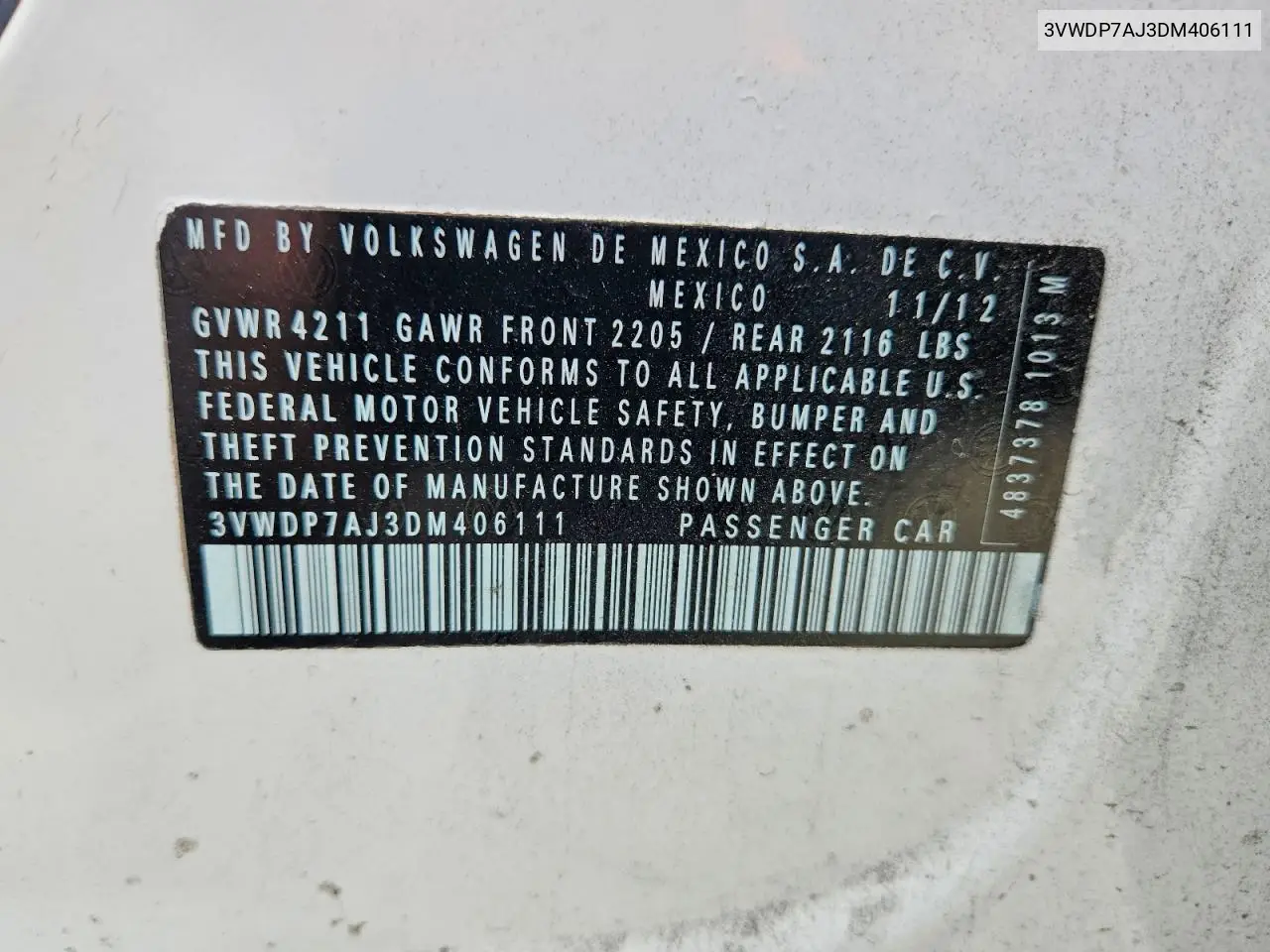 2013 Volkswagen Jetta Se VIN: 3VWDP7AJ3DM406111 Lot: 62015316