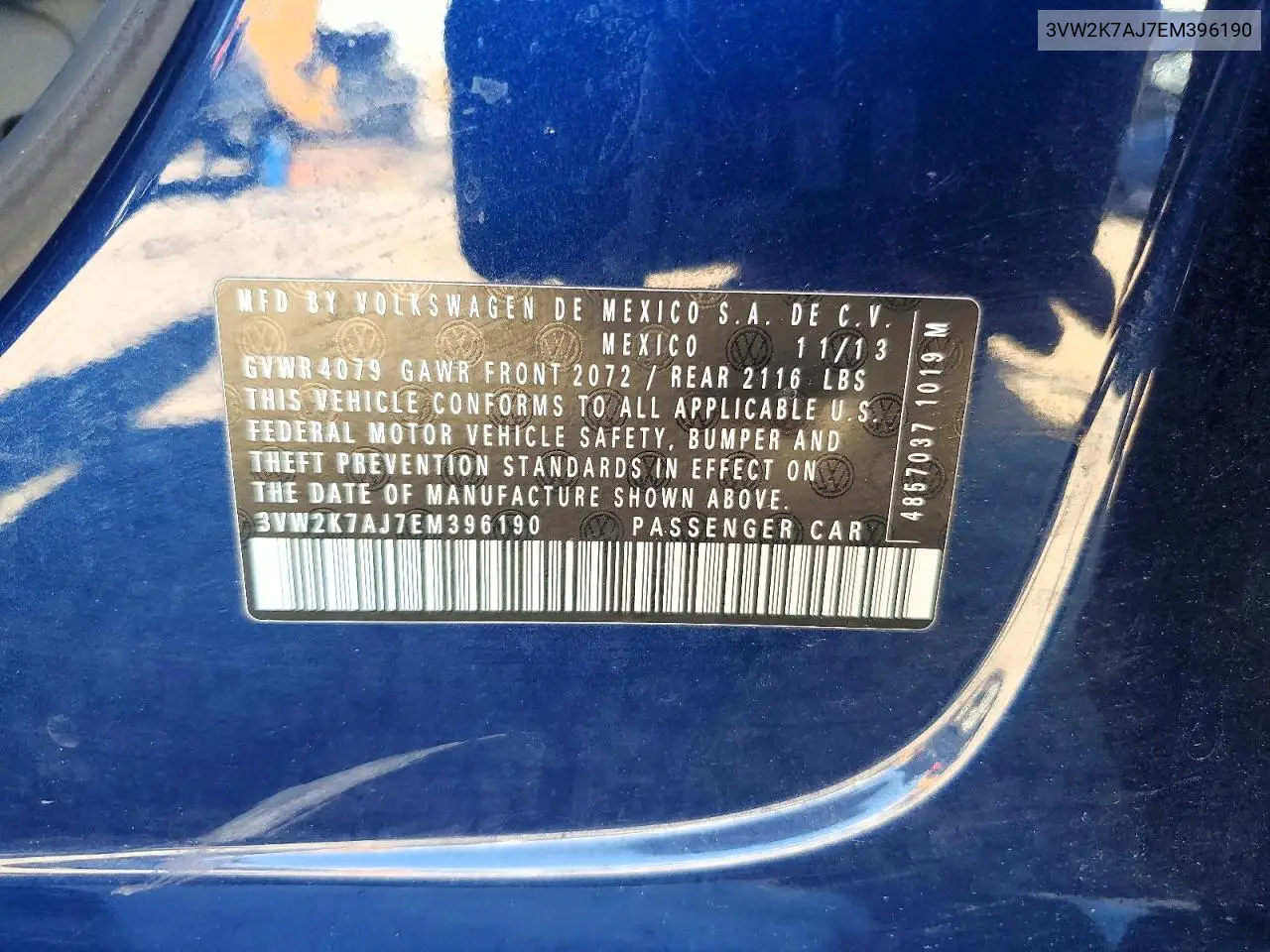 2014 Volkswagen Jetta Base/S VIN: 3VW2K7AJ7EM396190 Lot: 57911816